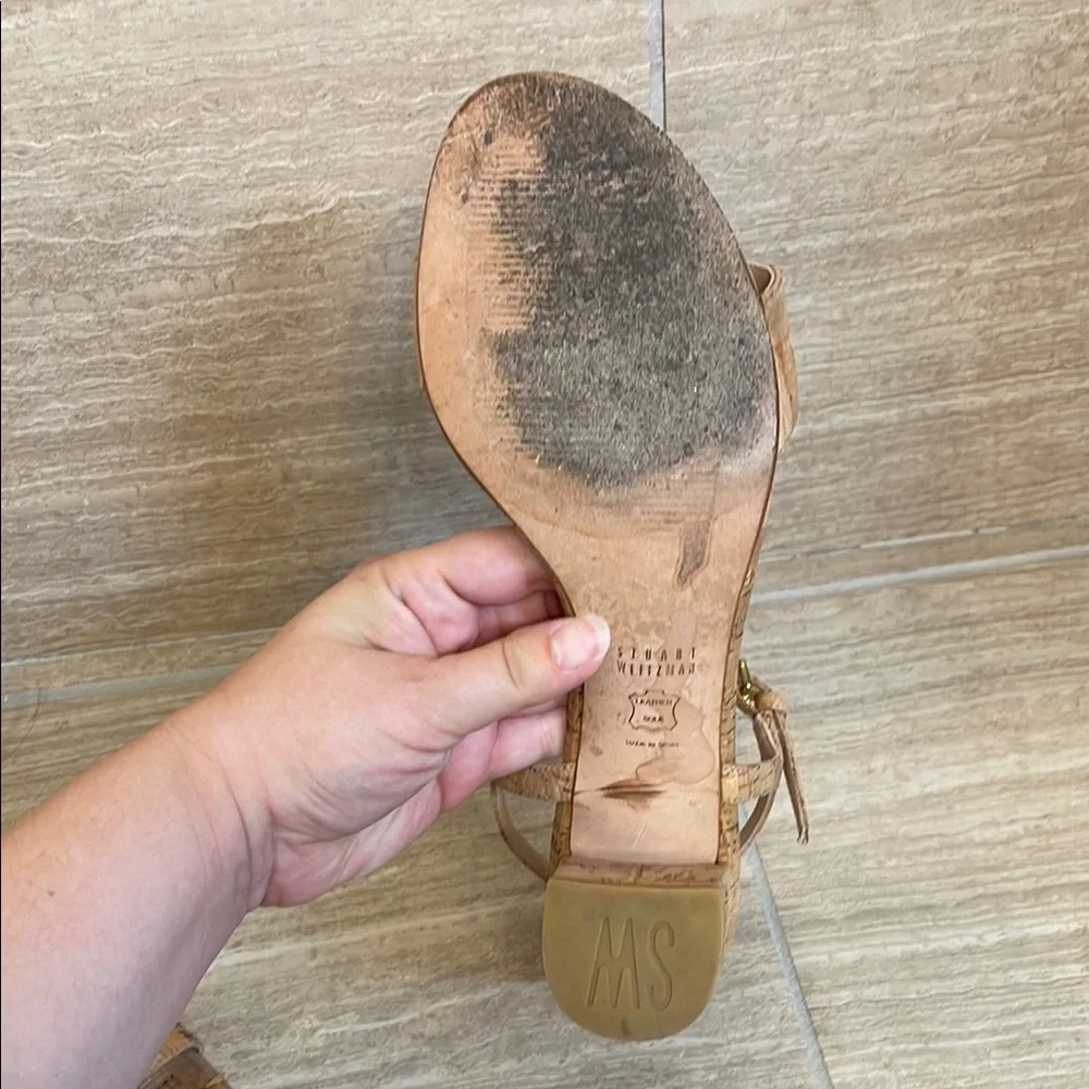 STUART WEITZMAN UGC Women’s Size 9.5 Tan Cork Block Heel Sandals Buckle - Picture 14 of 17